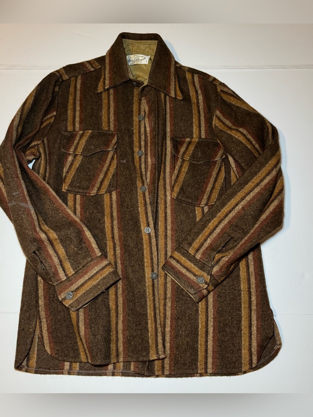 Vintage 1960s/70s Frostproof Earthtone Striped Wool Blend CPO Shirt Jacket - Men - Picture 1 of 9